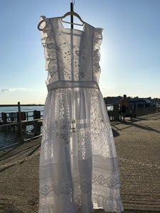 Pinafore bib apron dress, vintage linen, Broderie Anglais, white embroidery