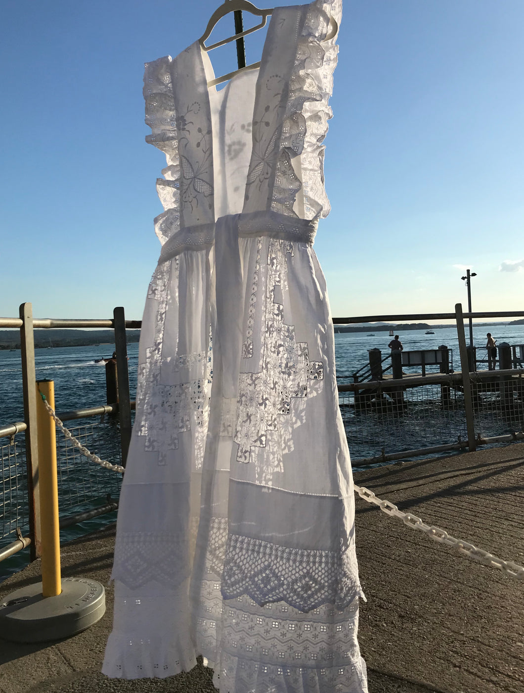Pinafore bib apron dress, vintage linen, Broderie Anglais, white embroidery