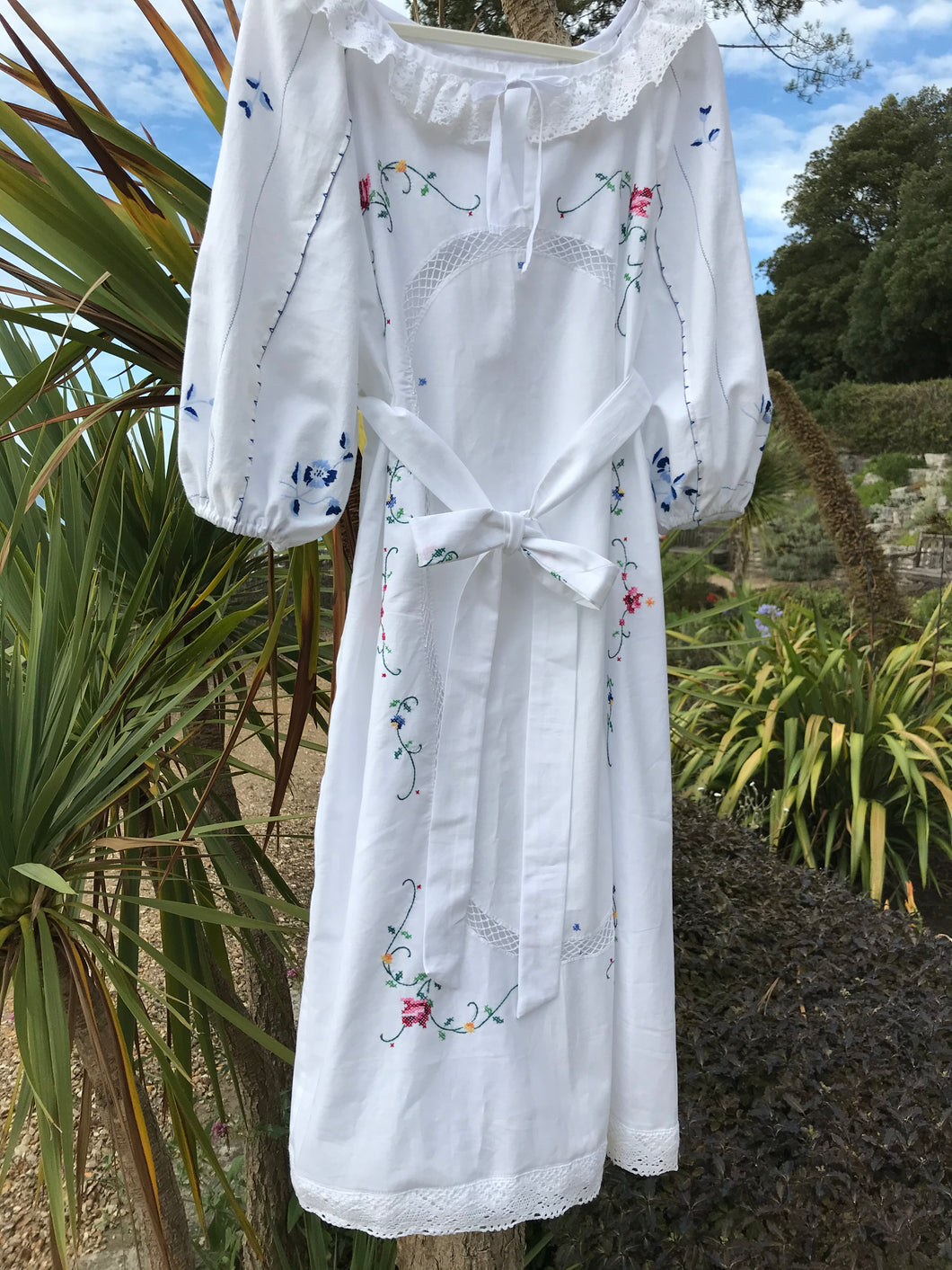 Dress, Vintage cross-stitch & embroidered linen, peasant style dress, – Portolino Resortwear