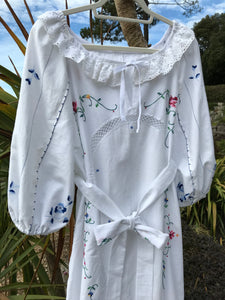 Dress, Vintage cross-stitch & embroidered linen, peasant style dress, balloon sleeves