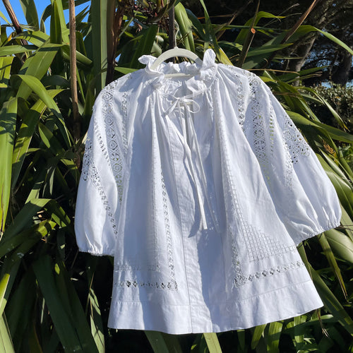 The Ruffle Rosa, White Vintage Drawn Threadwork